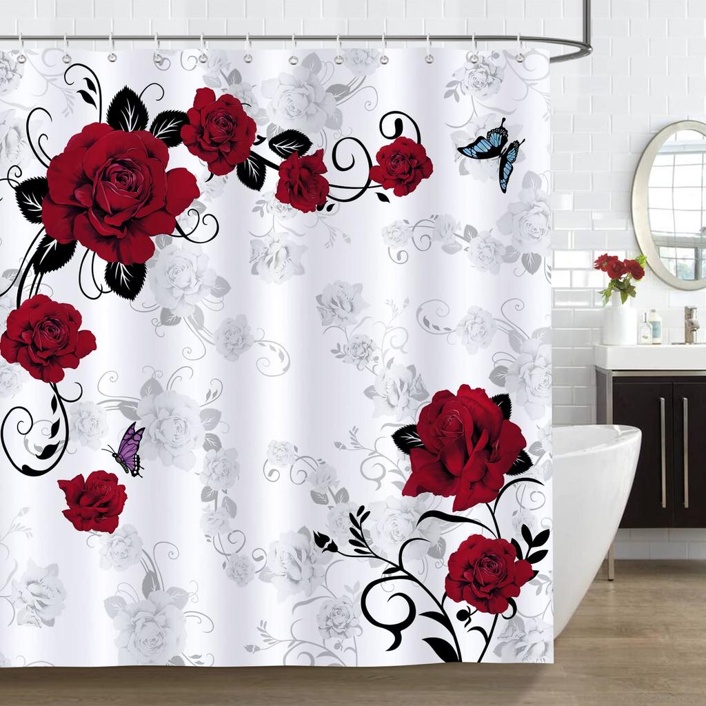 Red Rose Shower Curtain Botanical Floral Romantic Flower Valentine Girls Bathroom Curtain Decor Waterproof Fabric Include Hooks