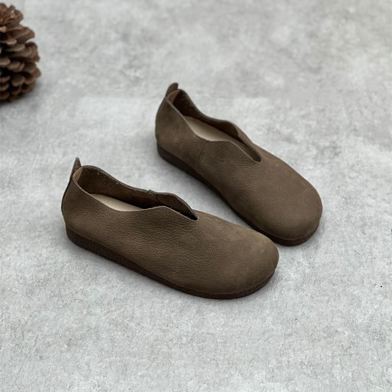 Johnature Genuine Leather Solid Color Women Flats Shoes Concise Retro Handmade Round Toe Shallow Slip-on Shoes