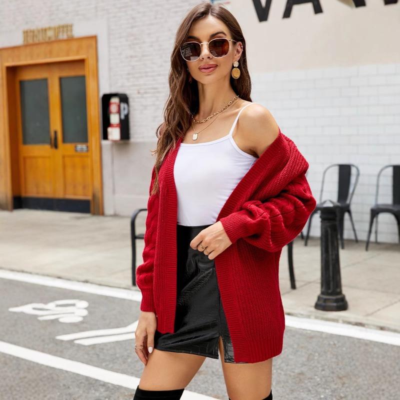 Women S V Neck Knitted Cardigan Long Sleeve Solid Color Loose Fit Sweater