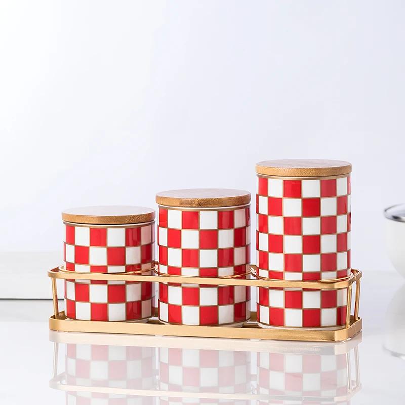 Kitchen Organizer and Storage Container, Ceramic Storage Jar, Wooden Lid, Sealed Jar, Food Storage Containers, Metal Rack