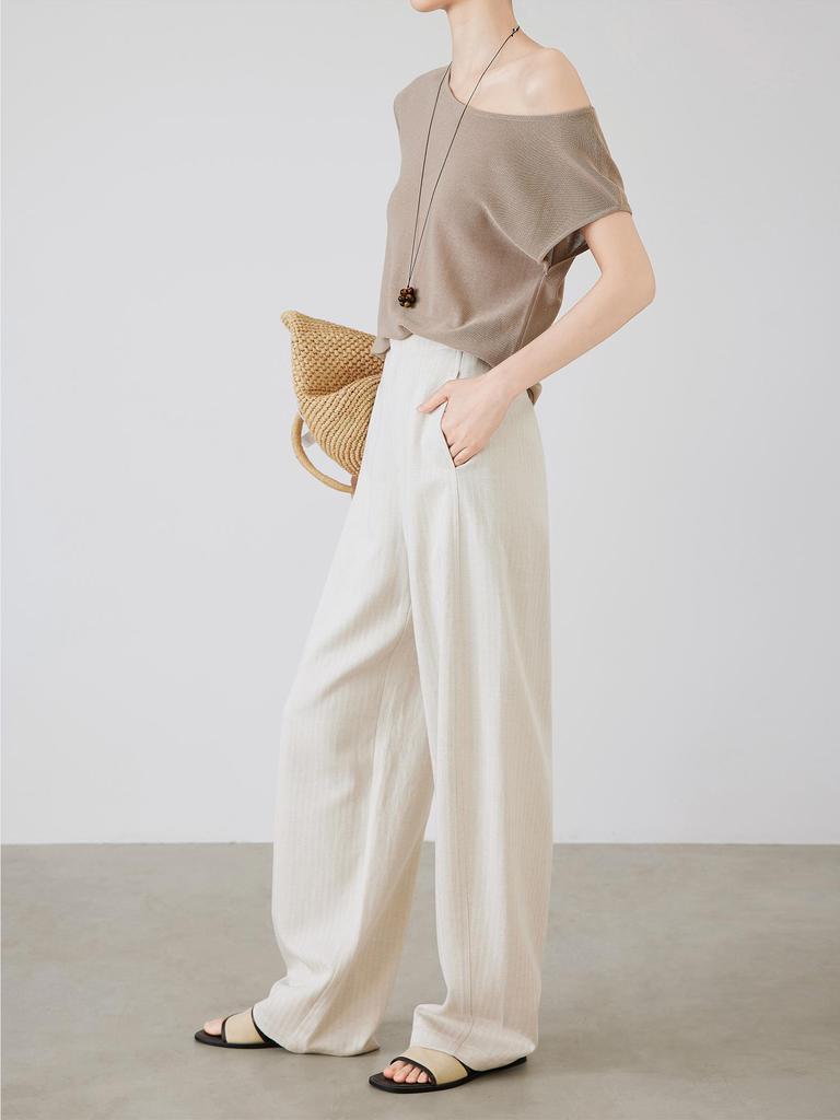 Women's Anti-Wrinkle Tencel Linen Pants, Spring/Summer, Loose Herringbone, Wide-Leg Design, Original Linen Color, Style 7896.