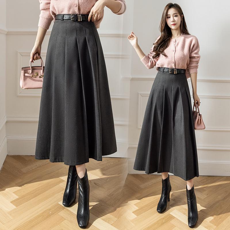 2025 Autumn/Winter High-Waisted Slim Wool Midi Pleated Skirt M серый