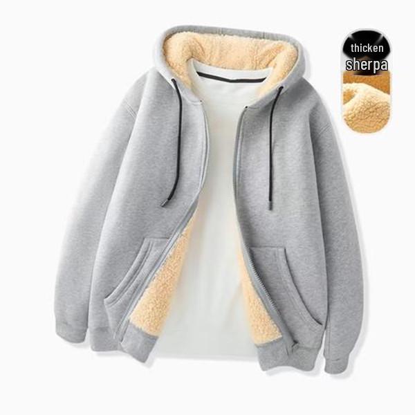 Men's Fleece-Lined Lambswool Hooded Sweatshirt - Thick, Zip-Up, Loose-Fit, Plus Size Workwear Jacket for Autumn/Winter.