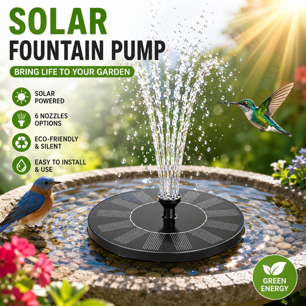 Pompa Fontana Solare per Acqua con 6 Ugelli, Fontana da Giardino per Uccelli da Esterno per Giardino Cortile Stagno Piscina Acquario Serbatoio Pesci Decorazione Paesaggistica