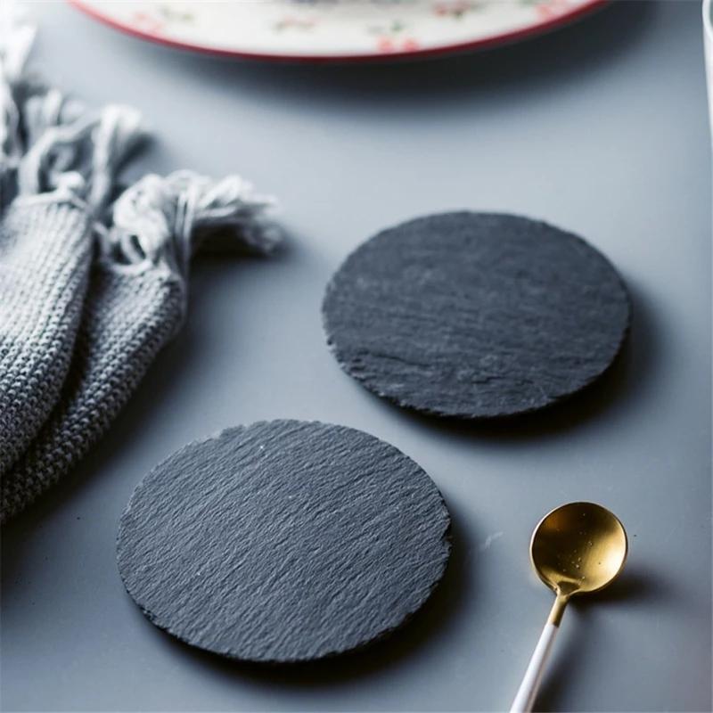 Round Natural Black Stone Slate Western Steak Plates Slate Dinner Plate Kitchen Cheese Pizza For Home Food