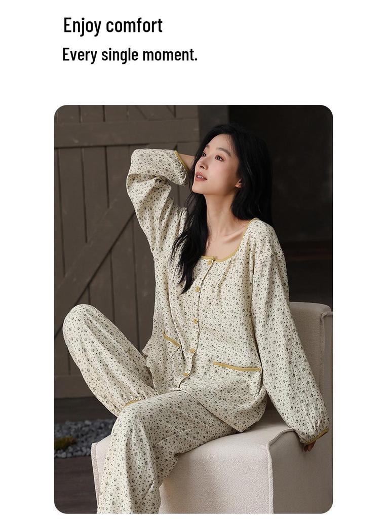 Women's Cloud Cotton Pajama Set with Chest Pads - Long Sleeve & Pants for Indoor/Outdoor Wear In Spring, Autumn, and Winter