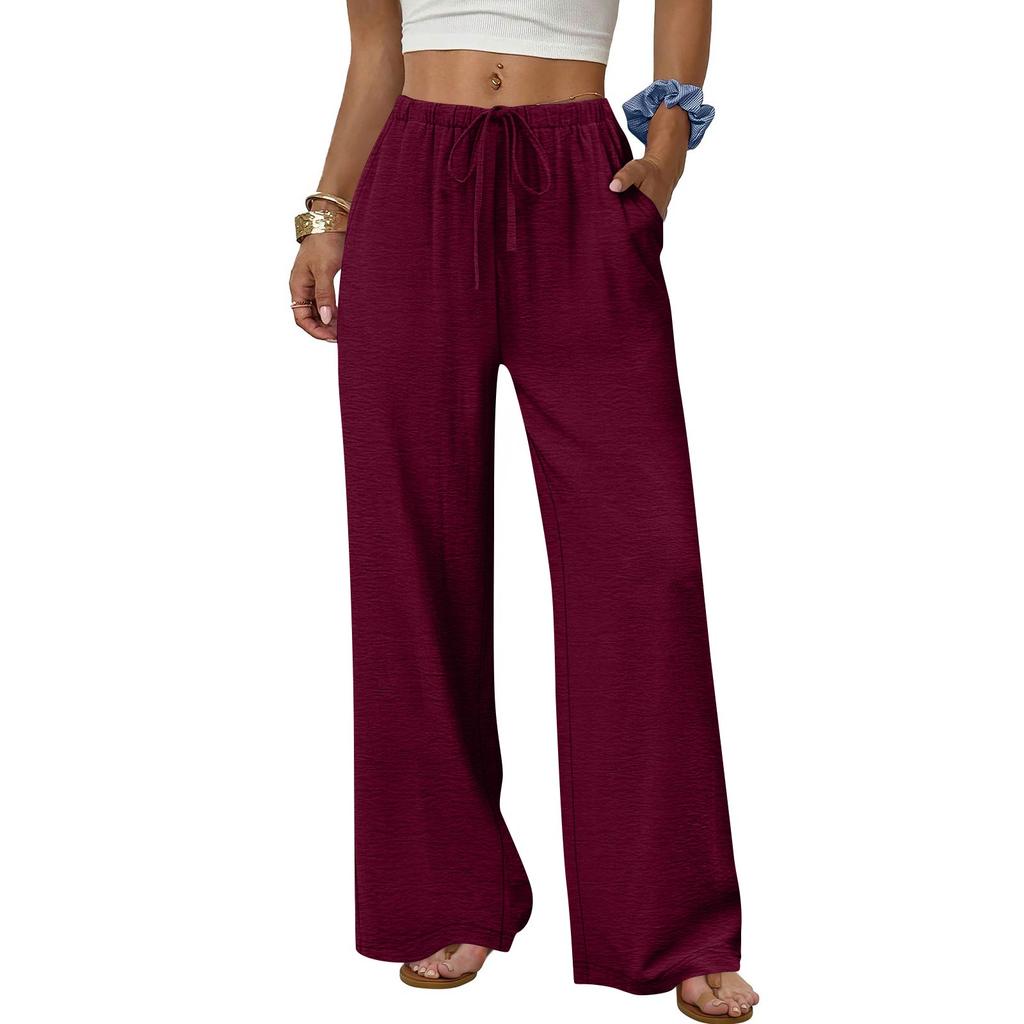 Women's Fashion Wide-Leg Trousers With Drawstring Elastic Waistband And Pockets Relaxed-Fit Casual Trousers