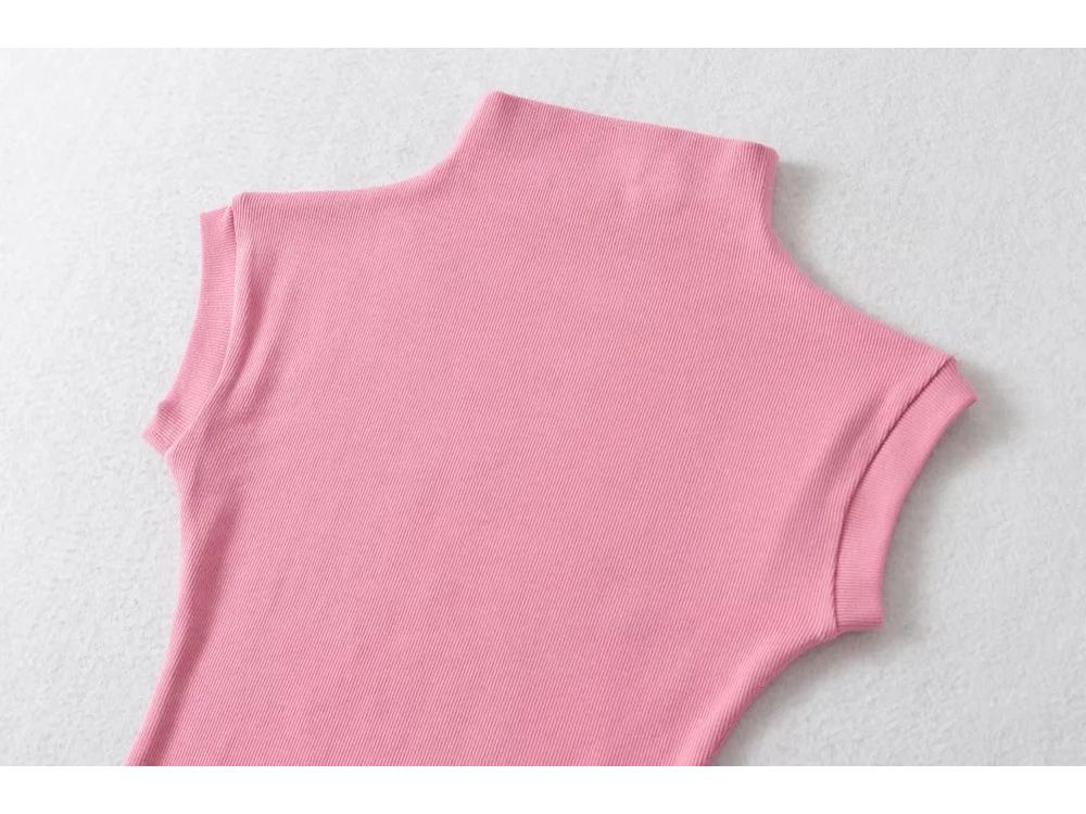 2025 Summer Women's Sleeveless Half-High Neck Fitted Vest with Curved Hem