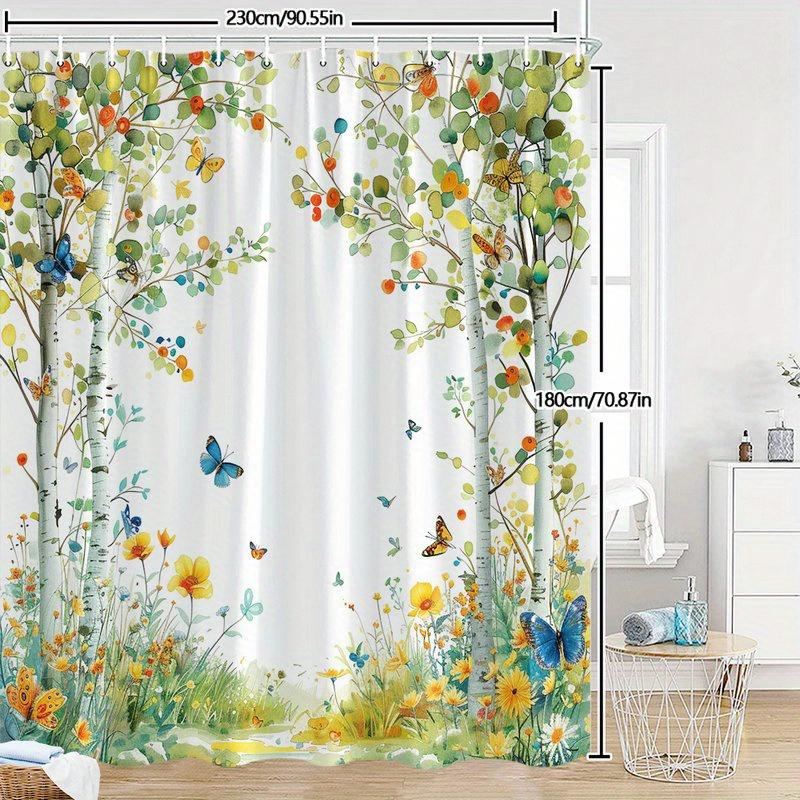 1pc Enchanted Flower Forest Pathway Shower Curtain - Serene Dreamy Fantasy Bathroom Decor with Birch Trees, Multicolored Bloss 90x180cm