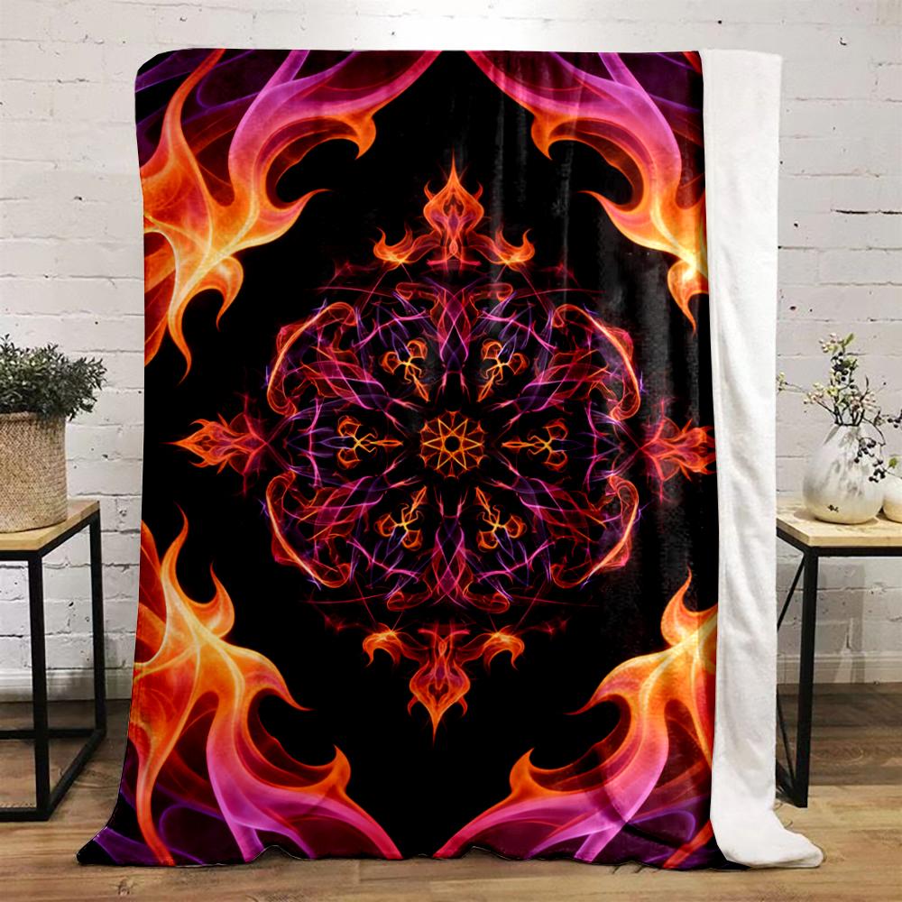 Colorful Mandala With Fiery Abstract Flames Flannel Blanket for Bedroom, Living Room, Sofa, and Nap Sofas