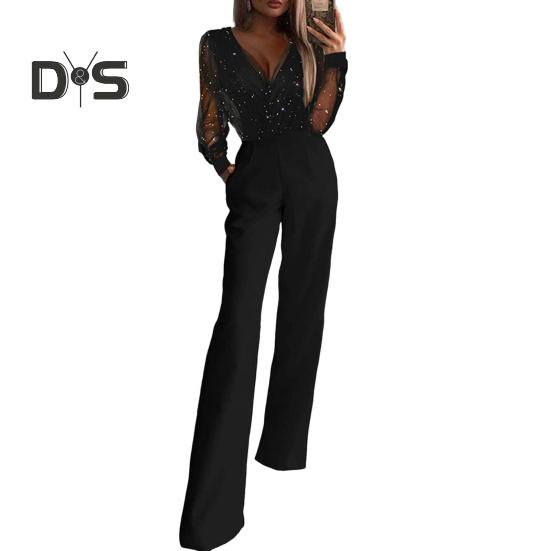Jumpsuit for kvinner Gjennomsiktig mesh patchwork høy midje med lommer brede ben V-hals ballfest formell bankett jumpsuit