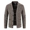 Men's Light Gray V-Neck Button Cardigan Sweater with Chest Pockets and Plaid Lining
