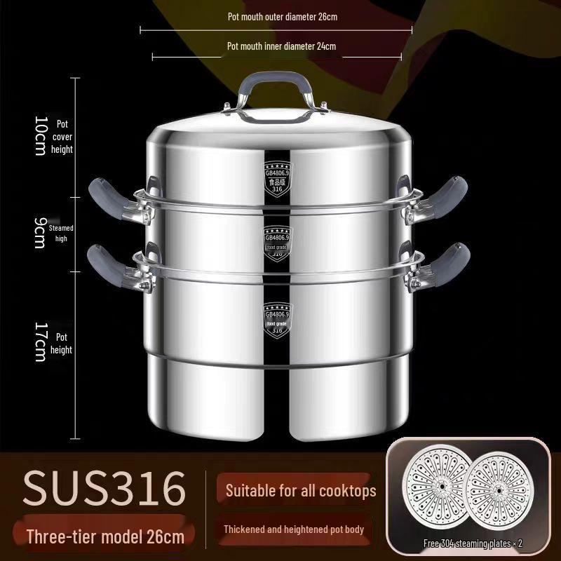 316 Stainless Steel Steamer Pot with Silicone Handle - Large Capacity Multi-layer Stew Basket