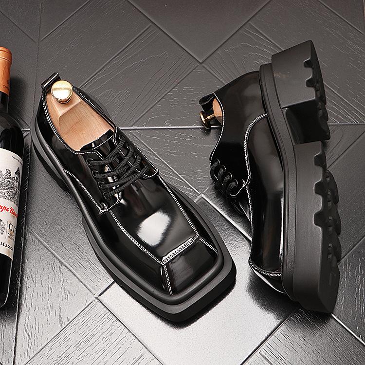 Low Cut Square Toe Patent Leather Shiny Surface Men's Style Thick Sole Lace Up Groom's Wedding Shoes Black Big Head Business Formal Leather Shoes