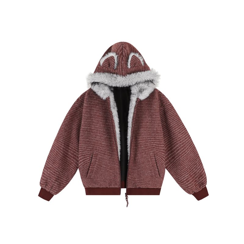 Dream Made Cat Ear Mountain Carving Jacket for Men, Winter Fleece-Lined Thickened Warm Couple Cotton Coat, Striped Cotton Jacket