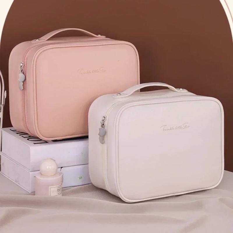 Women PU Leather Double Layer Travel Makeup Wash Clear Cosmetic Bag with Zipper Multi-Compartment Waterproof Toiletry Makeup Box