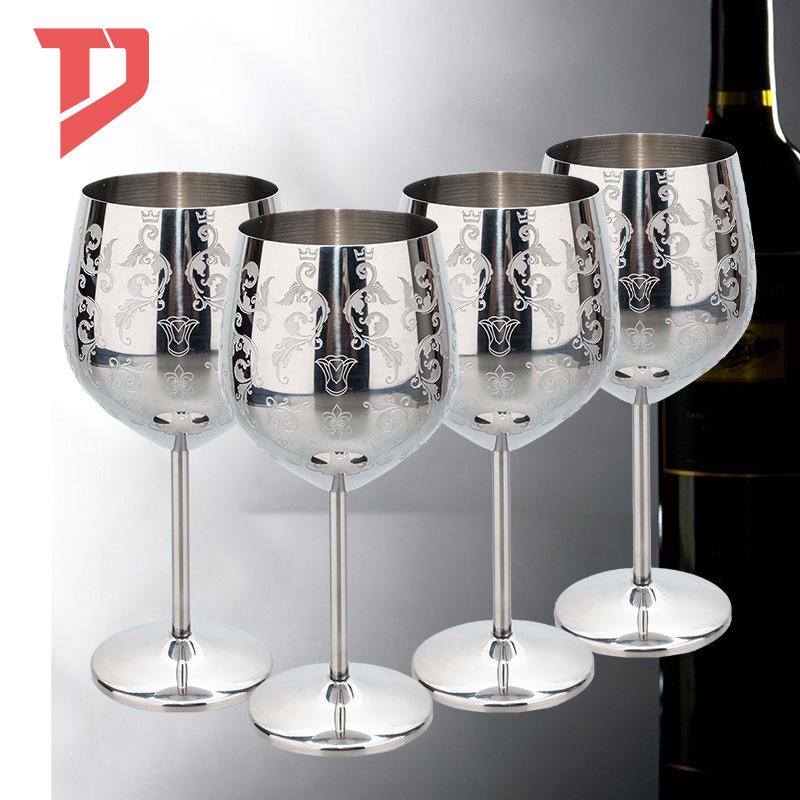Elegant European Stainless Steel Etched Wine and Champagne Glasses
