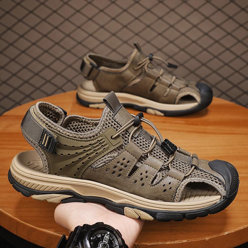 

Fashion Summer Leather Men Sandals Men s Casual Classic Outdoor Comfort Soft Leather Sandals Beach Vacation Breathable Hollow Out Shoes 38 хаки