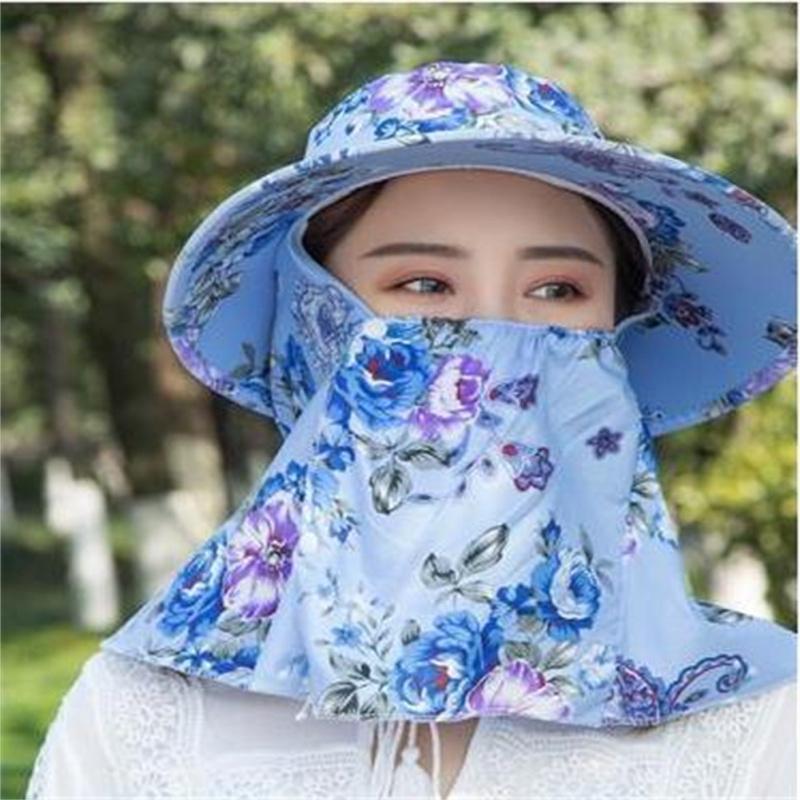 Women Sun Hat Outdoor Cycling Face Neck Protection Hat Dome Big Brim Breathable Hat Floral Tea