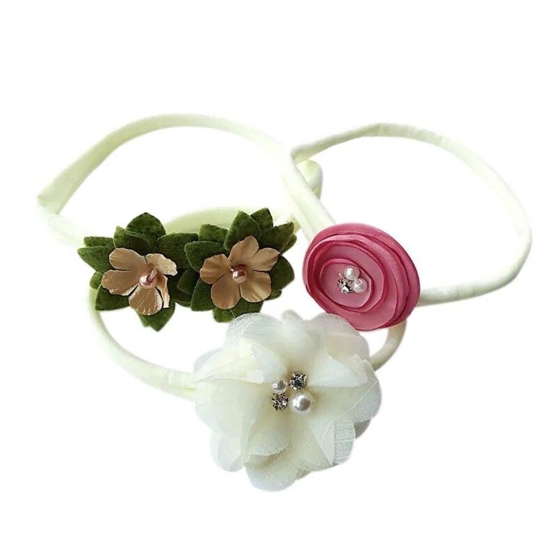 3pcs/set Simulated-pearl Ribbon Lace Flower Headband Baby Girl Headbands Elastic Hairbandldren Hair Accessories