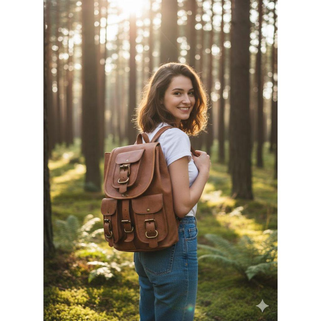 Damen-Rucksack aus echtem braunem Leder, handgefertigte Reiserucksack-Umhängetasche