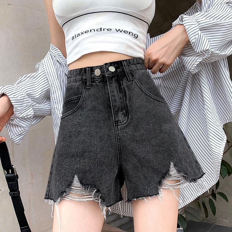 Pants Classic and Minimalist Fashion Versatile Broken Holes Female Loose Wide-leg Thin High-waisted Outside Wear Summer Denim Shorts Individuality