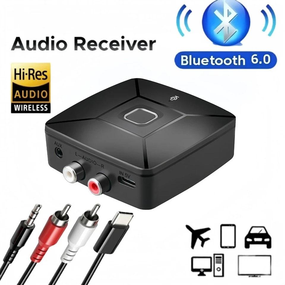 Bluetooth 6.0 Audio Receiver Wireless Stereo Music Hi-Fi 3.5mm Jack 2RCA Adapter Receivers with Mic for Car Speaker PC