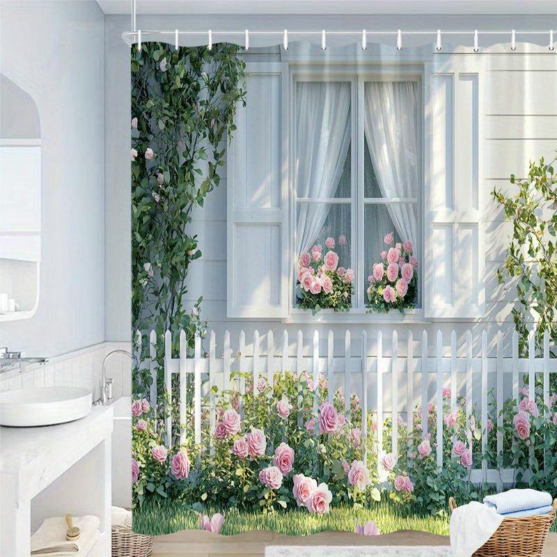 Romantic Botanical Rose Garden Floral Shower Curtain Waterproof Bathroom Decor Picket Fence Curtain Natural Style Luxury Home
