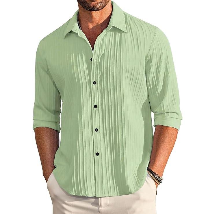 Men's Casual Button Down Shirts Long Sleeve Linen Shirt Fashion Textured Beach Summer Shirt