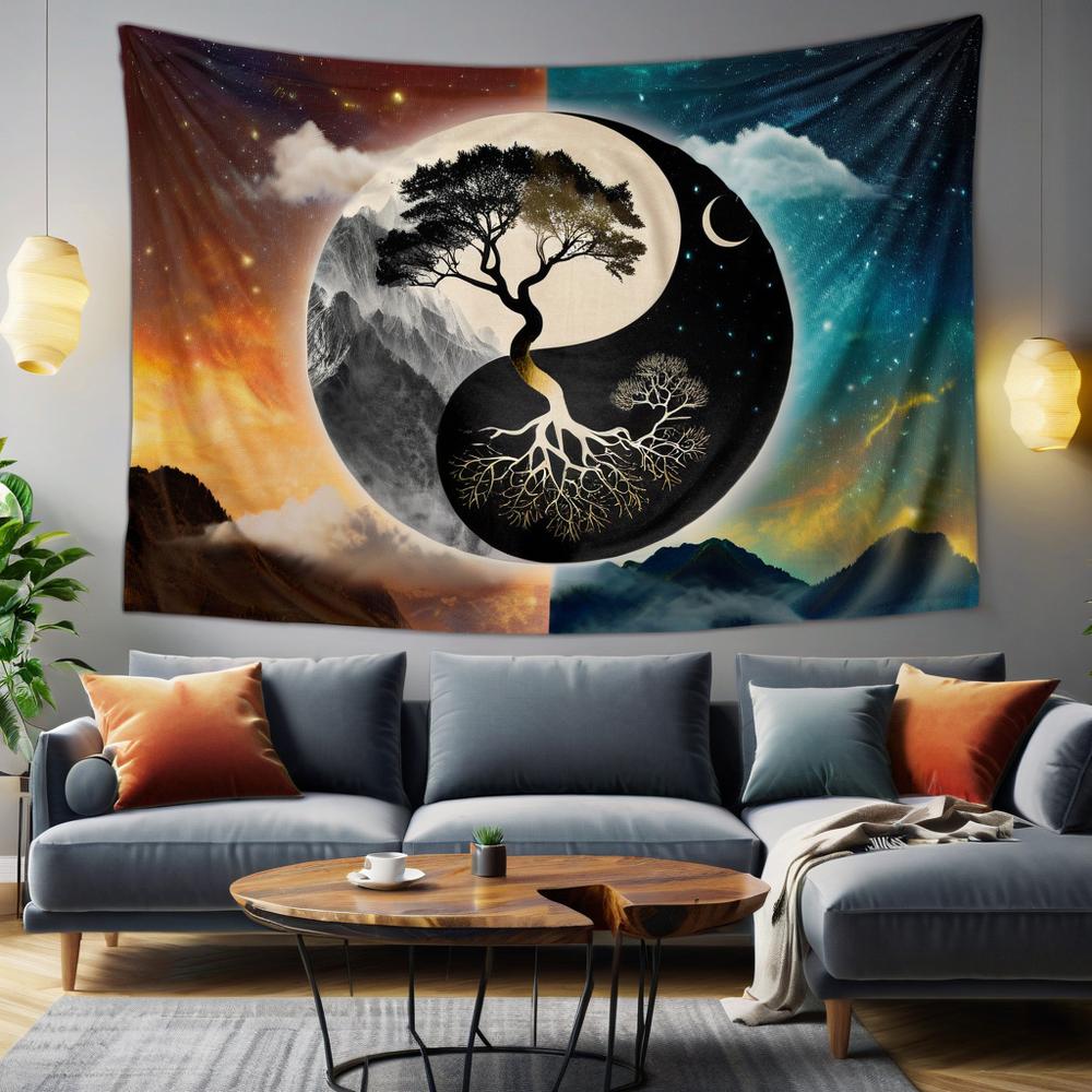 Vikama Premium Tai Chi Yin Yang Art Tapestry Modern Living Room Sofa Nature Landscape Cloud Moon Meditation Space Tapestry