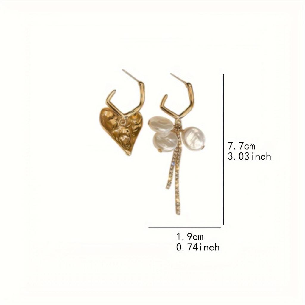 Unique Asymmetrical Dangle Earrings, Love Heart Shaped And Faux Pearl Stacked Drop Earrings, Vintage Minimalist Style CDN