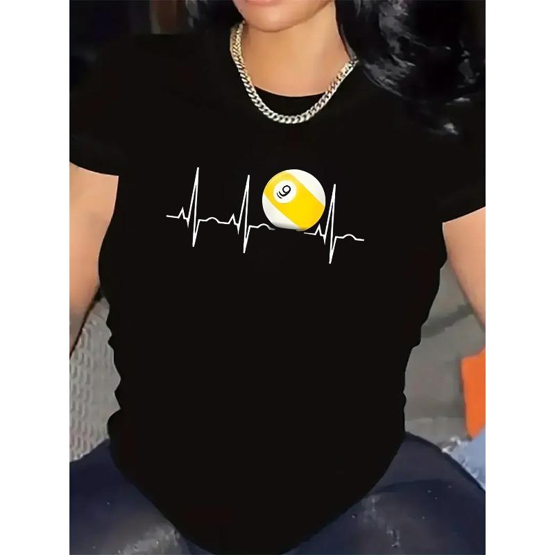 

European sizes Women S Billiard Ball Heartbeat Graphic T-Shirt Wear Comfort Fit Round Neck Tee for Indoor Dining & Casual Attire 4XL чорний