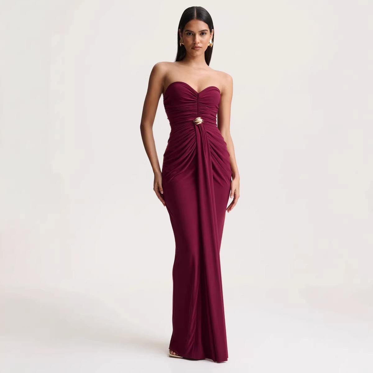 2026 Spring Elegant Sleeveless Pleated Bandeau Evening Gown Large вино красного