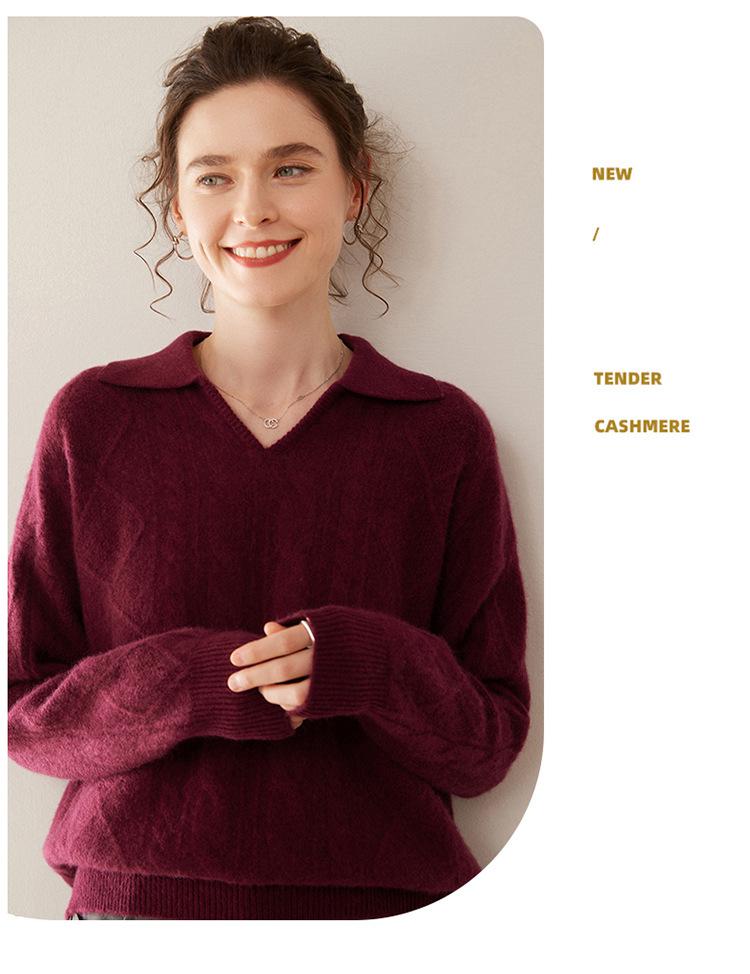 Women's Thick Three-Strand Twisted Cashmere Knit Sweater, Long Sleeve, Polo Collar, Loose Fit, Soft & Skin-Friendly.