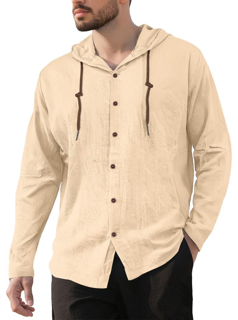 Men's 100% Cotton Hooded Drawstring Shirt, Solid Color Loose Fit Long Sleeve Casual Beach Overshirt for Men