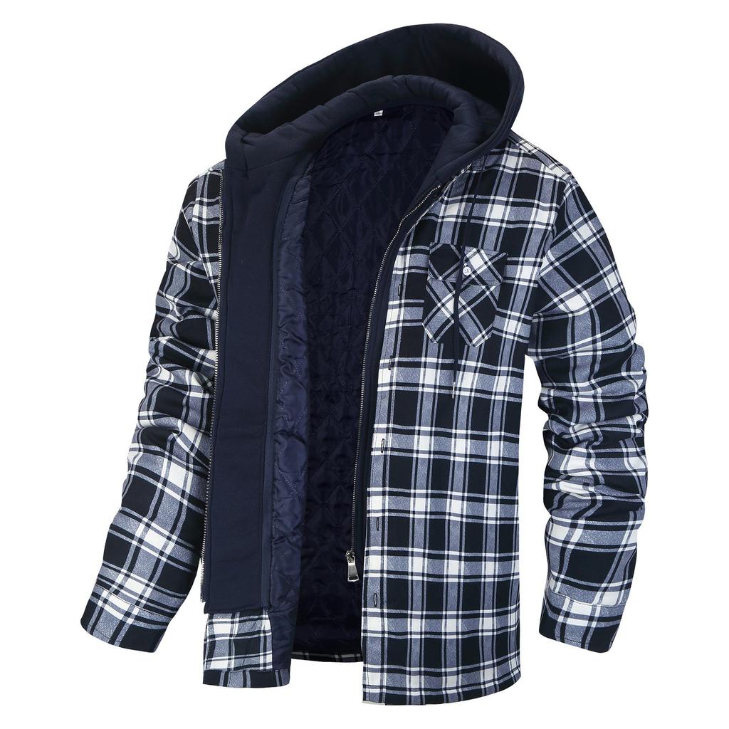 Men's Clothing European and American Autumn and Winter Thickened Cotton-padded Plaid Long-sleeved Loose Hooded Jacket