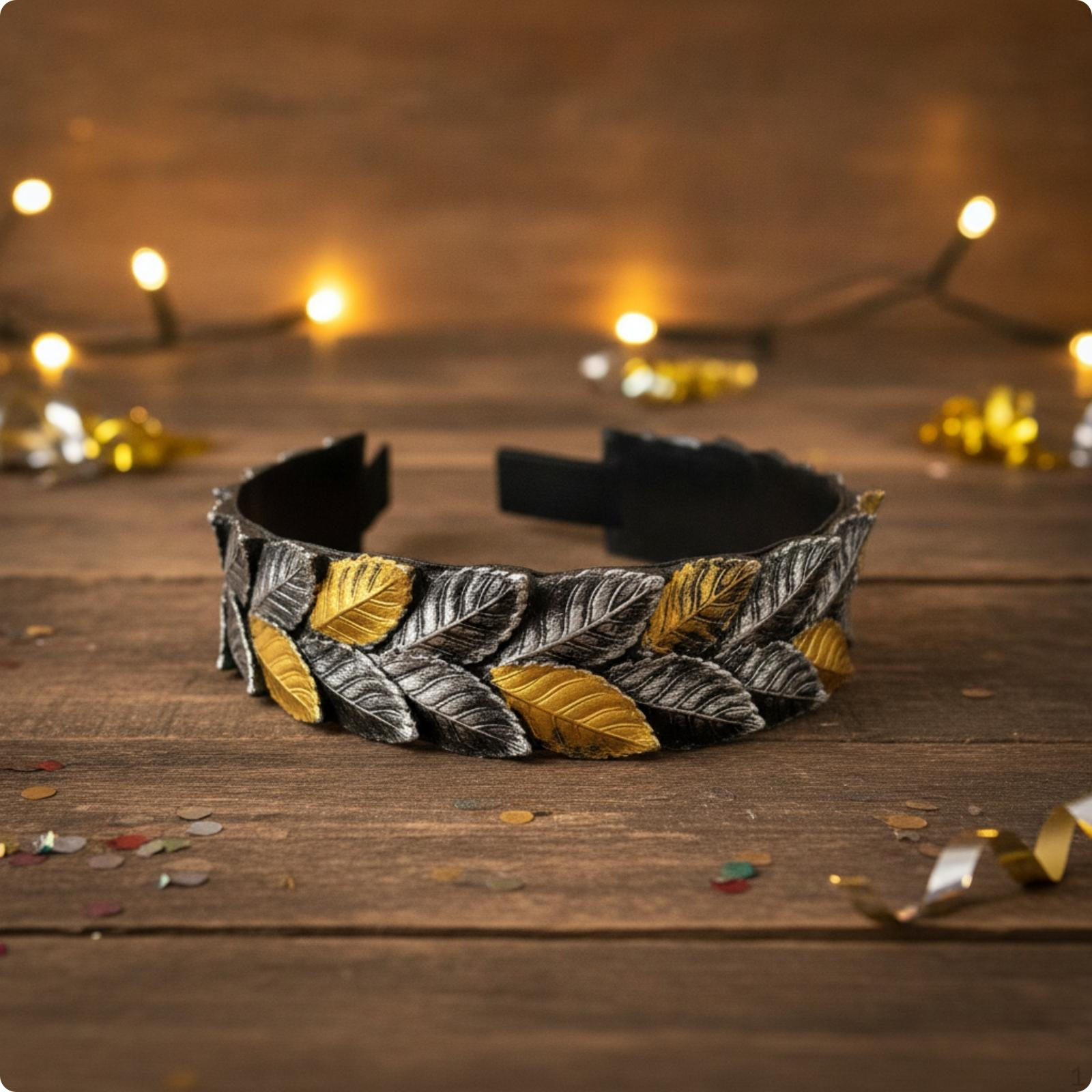 Laurel Wreath Headband Adjustable Headpiece Textured Leaf Crown for Cosplayers, Silver-gold black