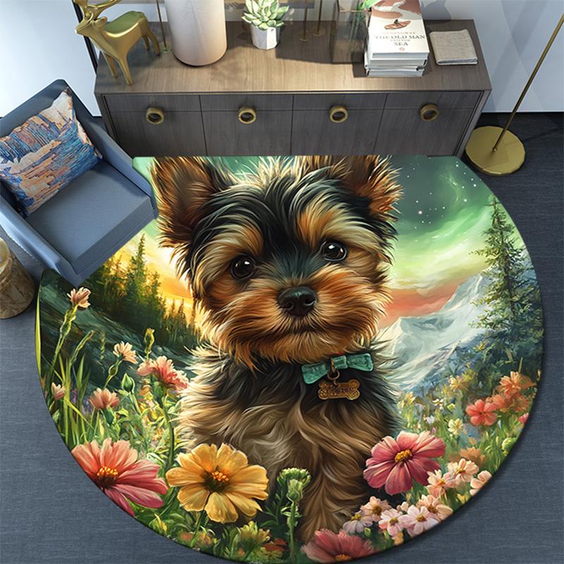 Yorkshire Terrier Round Area Rug,Carpet Rug for Living Room Bedroom Sofa Playroom Decor,Non-slip Floor Mat