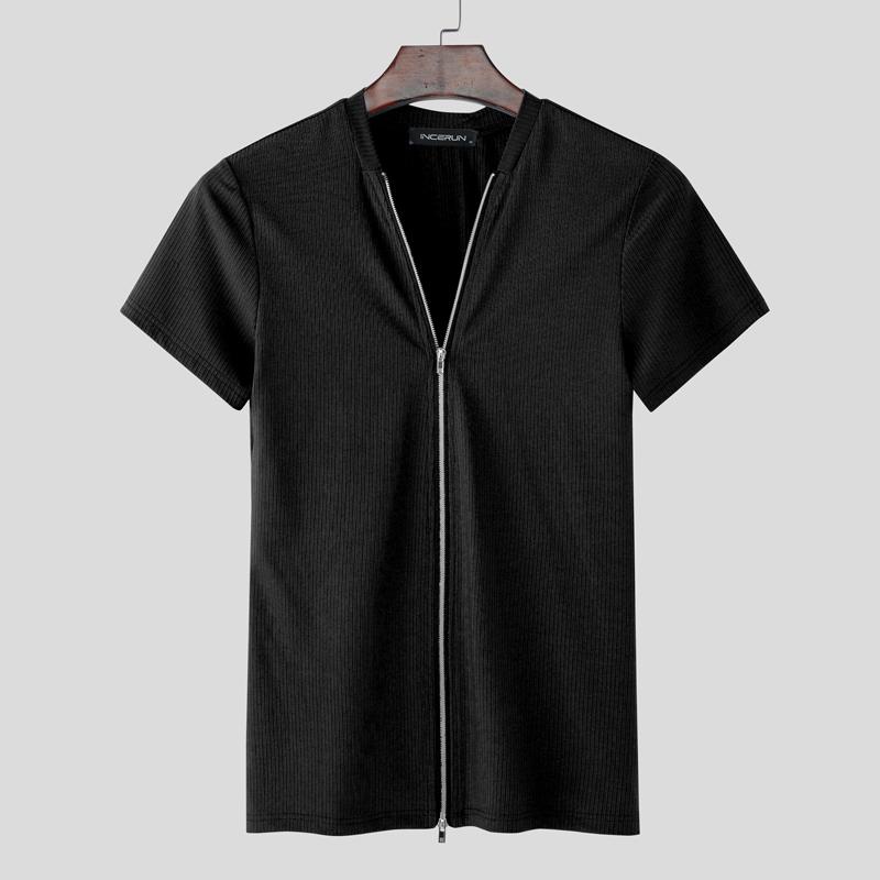 

INCERUN Летние мужские футболки с коротким рукавом на молнии, повседневные, в рубчик, приталенные 4XL чёрный