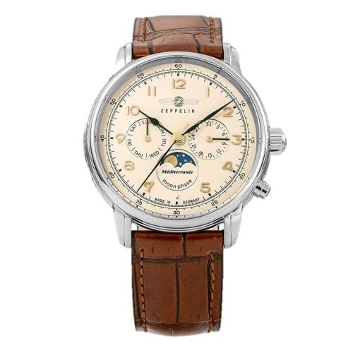 

ZEPPELIN Men s Mediterranee Day Date Moonphase Watch 9636-5, Quartz Movement, 5 ATM Water Resistance, Mineral Glass, Ivory Dial, Stainless Steel