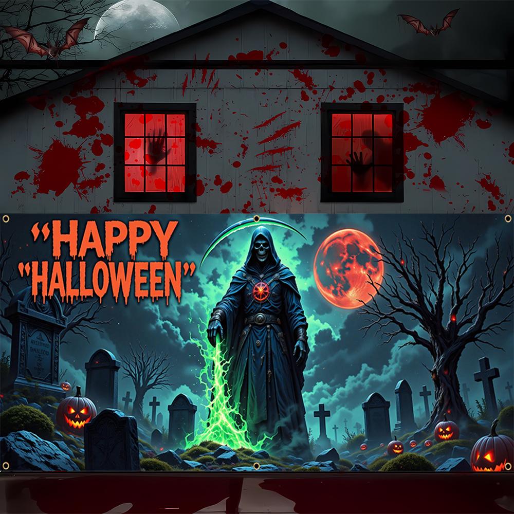 Large Halloween Grim Reaper Garage banner - Eerie cemetery scene with Jack-o '-lanterns durable polyester wall decorations