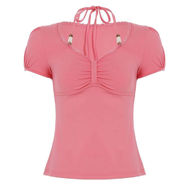 2026 Spring/Summer European and American Women s Fashion Halter Neck Design Slim-Fit Short-Sleeve Top Ruched Slim-Fit Base Shirt Casual T-Shirt Trendy Pink S
