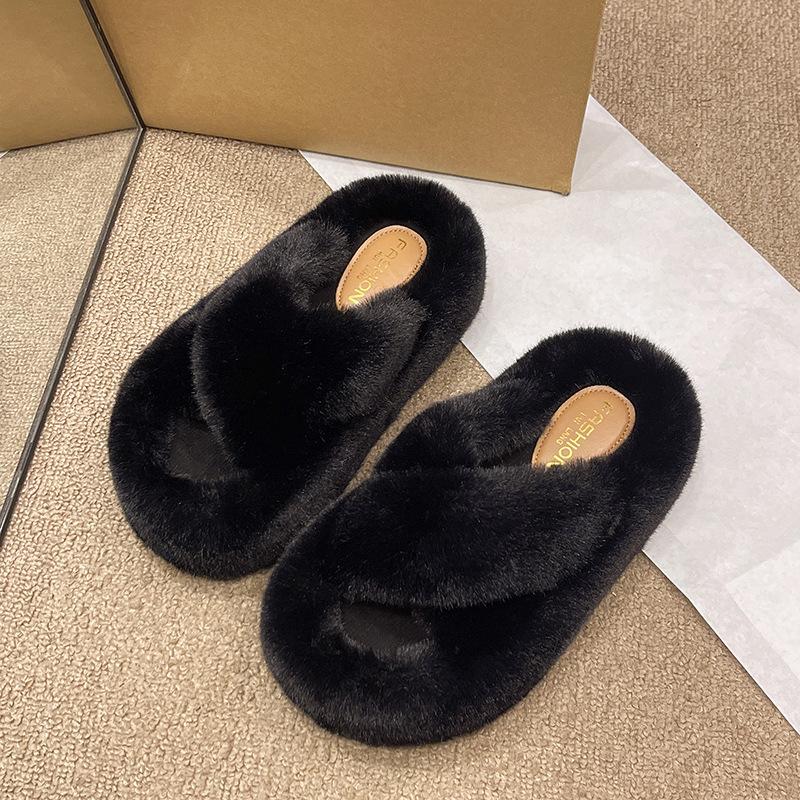 2024 autumn and winter new fluffy slippers women wear large size thick bottom plush office home versatile cotton slippers women