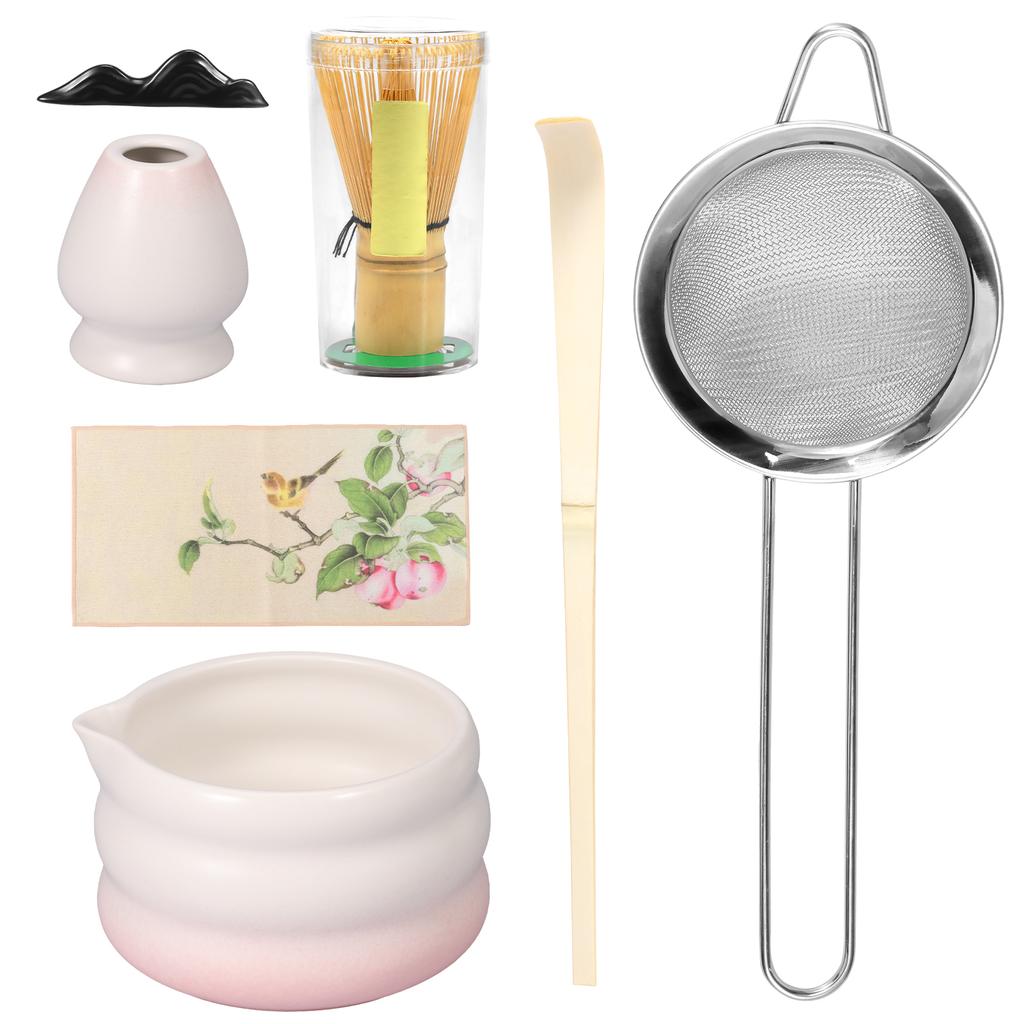7pcs Pink Heart Decal Ceramic Matcha Set, Cute Matcha Set Includes Matcha Bowl, Matcha Whisk and Holder, Bamboo Scoop, Sifter