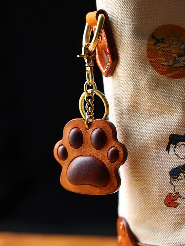 Vintage Cat Paw Keychain Handmade Genuine Leather Bag Charm, Cute Top Grain Cowhide Keyring Accessory