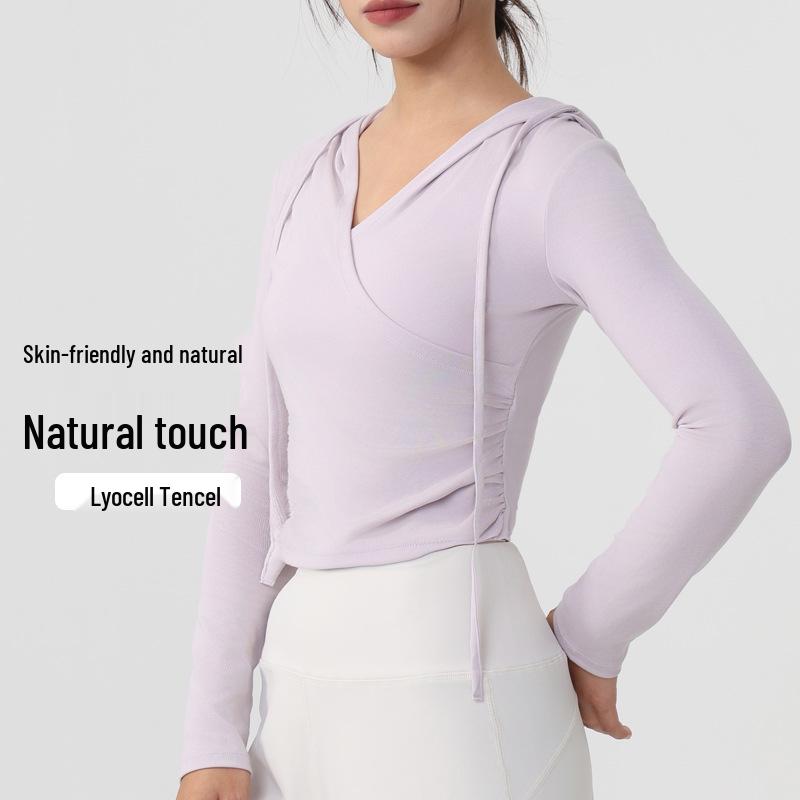 Women's Hooded Long Sleeve Yoga Top - Slimming, Breathable, Waist-Cinching Sports Cover-Up for Pilates Training, Autumn Comfort.