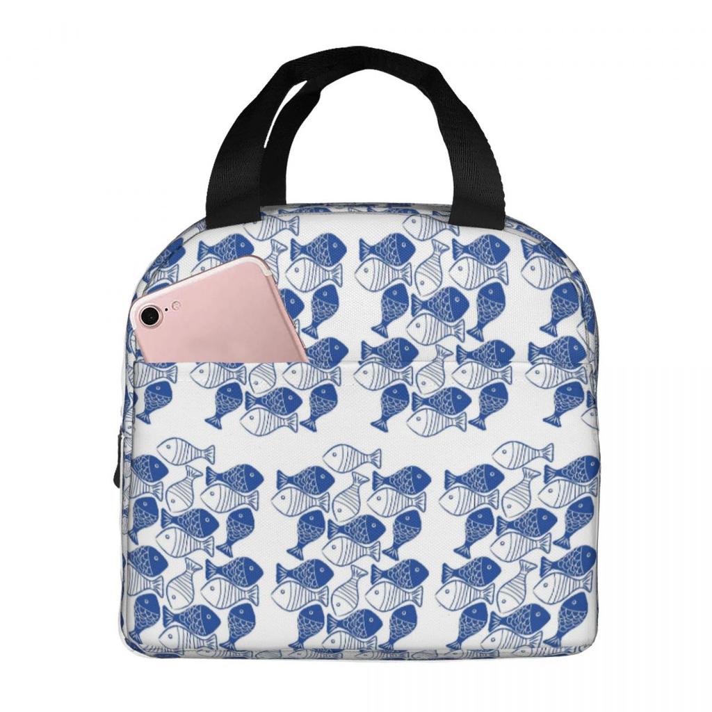 Blue School Of Fish Cartoon Insulated Lunch Bag for Women Children Portable Food Boxes Thermal Lunch Box Tote