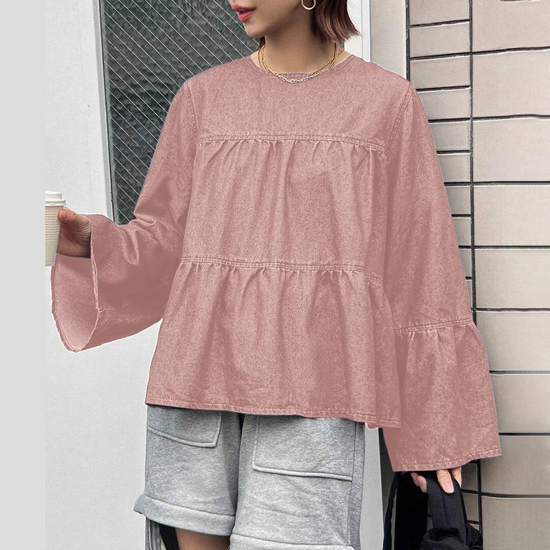 ZANZEA Women Casual Solid Color Round Neck Long Sleeve Blouses