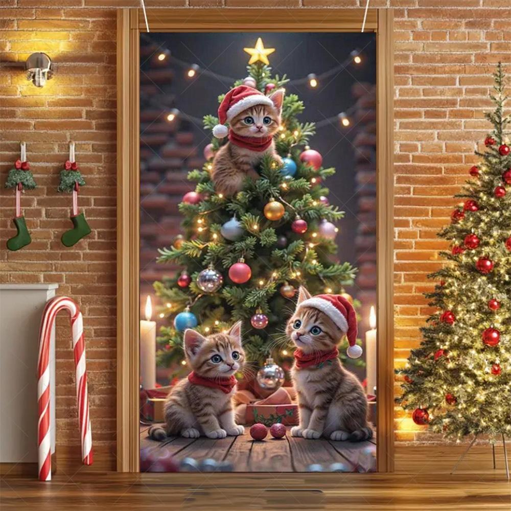 Cartoon Pet New Year Christmas Party Decorations Cat Dog Theme Door Covers Background Supplies Xmas Tree Photography Backdrop