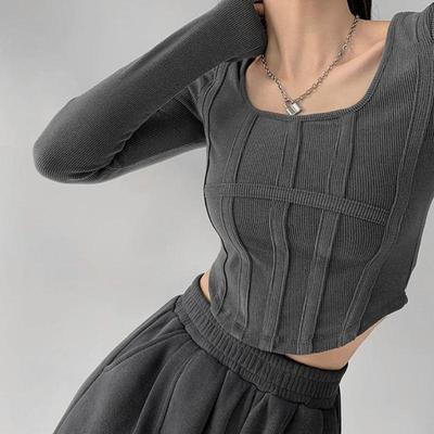 2KWEIRD Y2k T-shirt Girls Crop Tops Spring Women Long Sleeve O Neck Cotton Shirts Bustier Harajuku Pullover Streetwear All-match T-shirt
